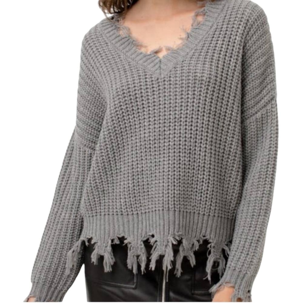LTX Sportswear Distressed Comfy Soft Grey Oversized V-NecK Sweater